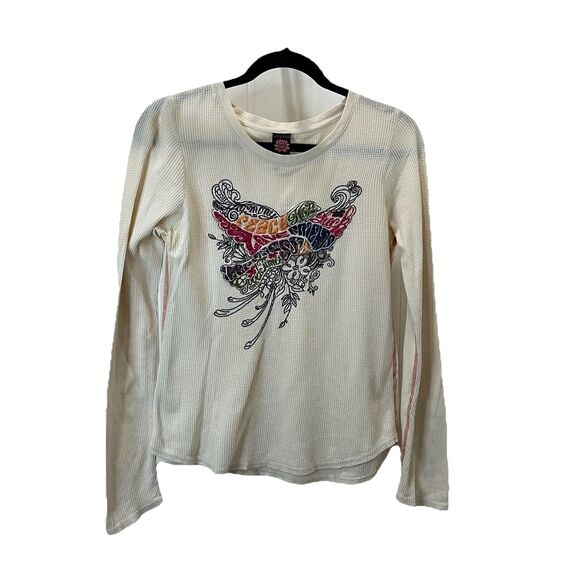Lucky Brand Waffle Thermal Shirt Womens Size M Long Sleeve Embroidered Peace Y2K - Picture 1 of 7